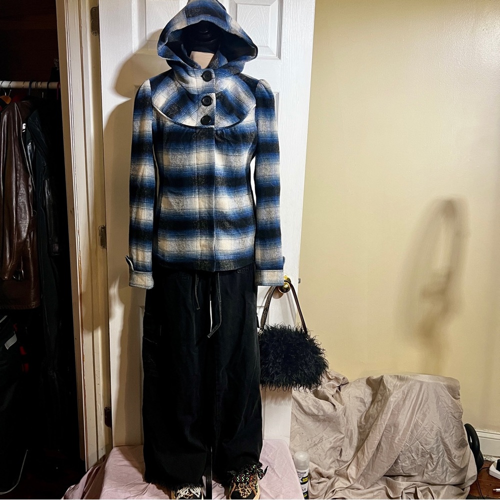 Mavi Wms Y2K Plaid Flannel Wool Blend Hooded Mock Neck‎ Preppy Casual Jacket S